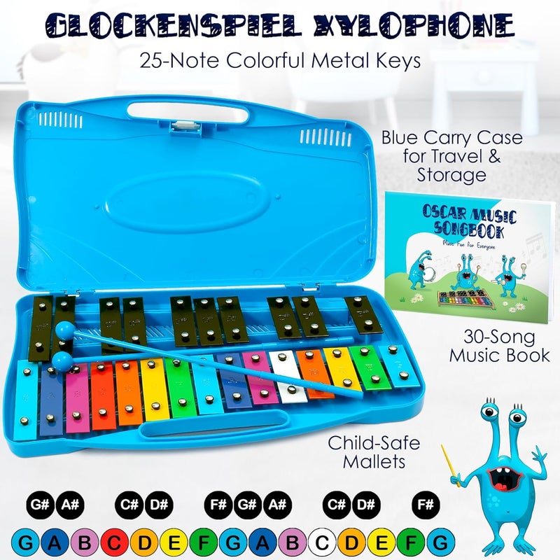 MINIARTIS Glockenspiel Xylophone | 25 Note Colorful Metal Keys Xylophone for Kids | Percussion Musical Instrument | Educational Music Toy Includes Music Songbook, Mallets and Blue Carry Case - Image 2